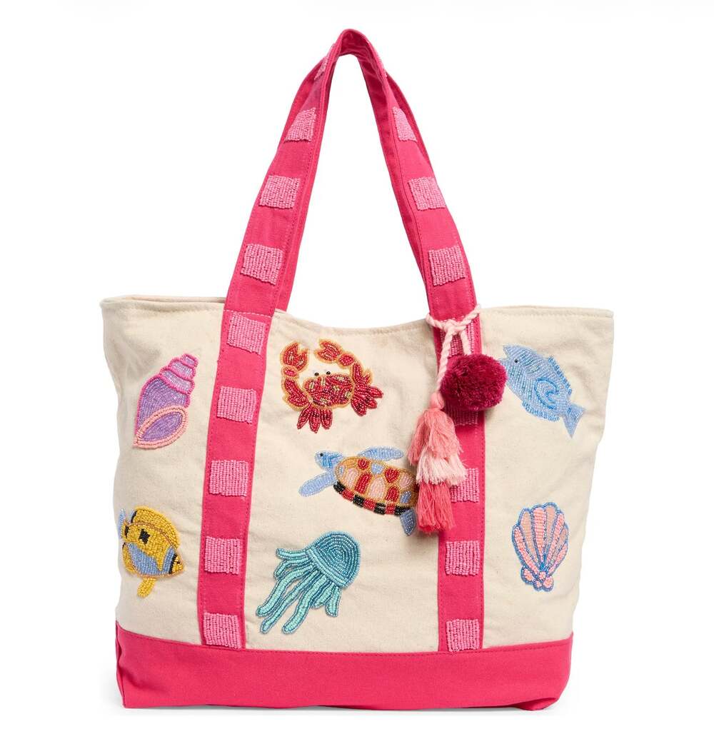 Sol and Mer Beaded Canvas Tote Bag Pink Sea Creatures NWT